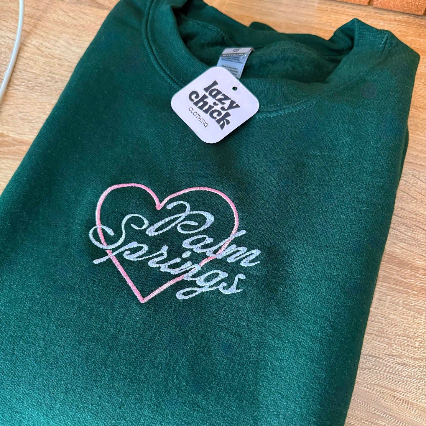 Palm Spring Heart Embroidery on a Crewneck Sweatshirt