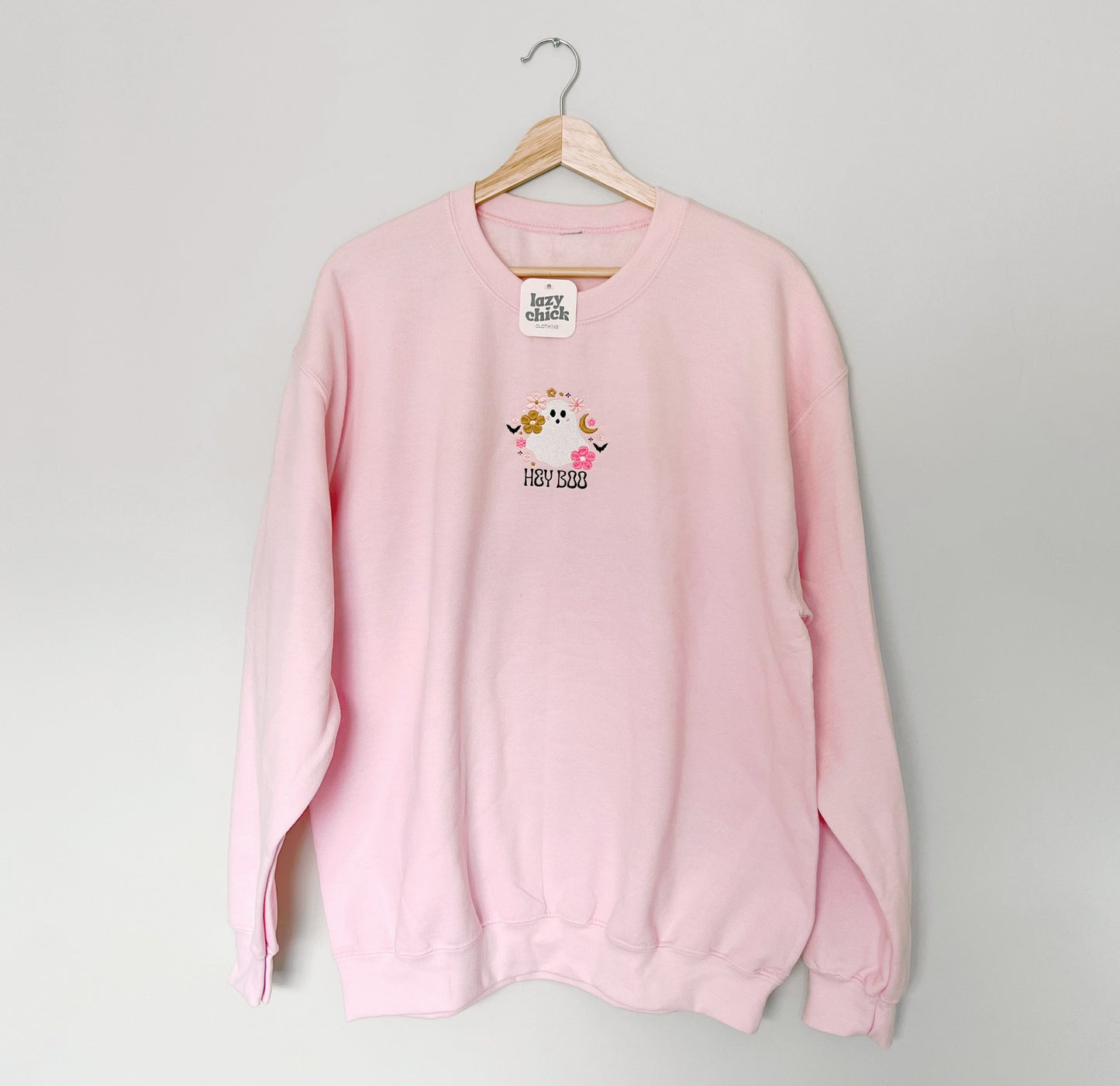HEY BOO Light Pink Embroidered Halloween Crewneck Sweatshirt (Center)
