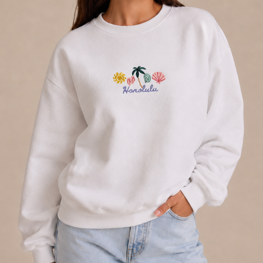 Honolulu Hawaii Cities Embroidered Crewneck Sweatshirt