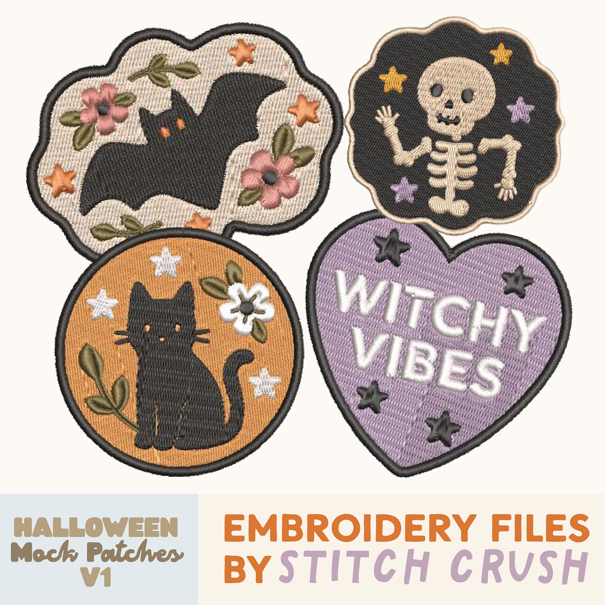 4 Designs - DIGITAL Embroidery File BUNDLE - Halloween Mock Patches V1