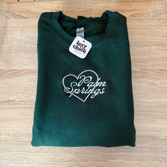 Palm Spring Heart Embroidery on a Crewneck Sweatshirt