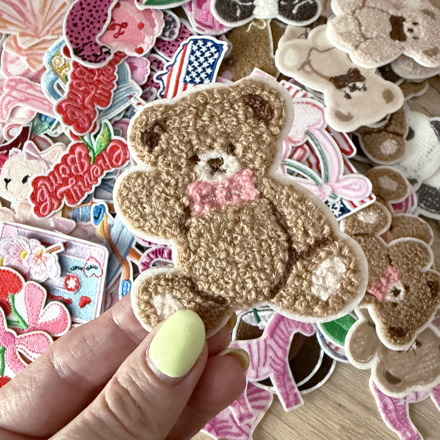WAVING BROWN TEDDY Iron-on Patch