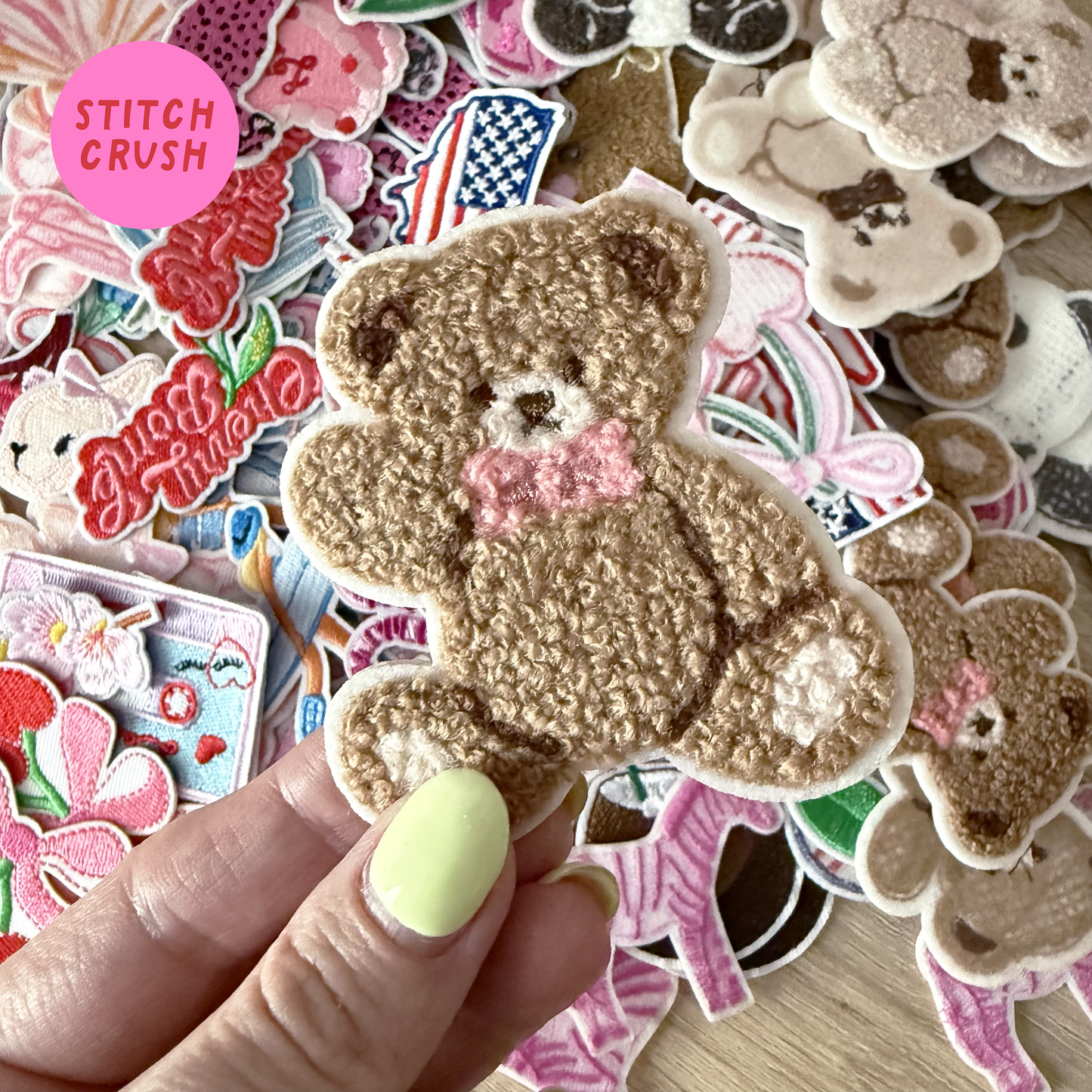 WAVING BROWN TEDDY Iron-on Patch