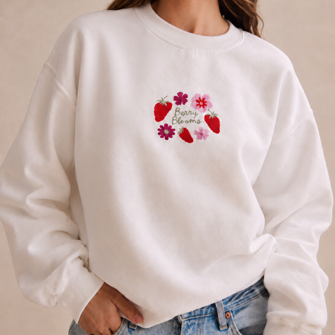 Berry Blooms Strawberry Embroidered Crewneck Sweatshirt