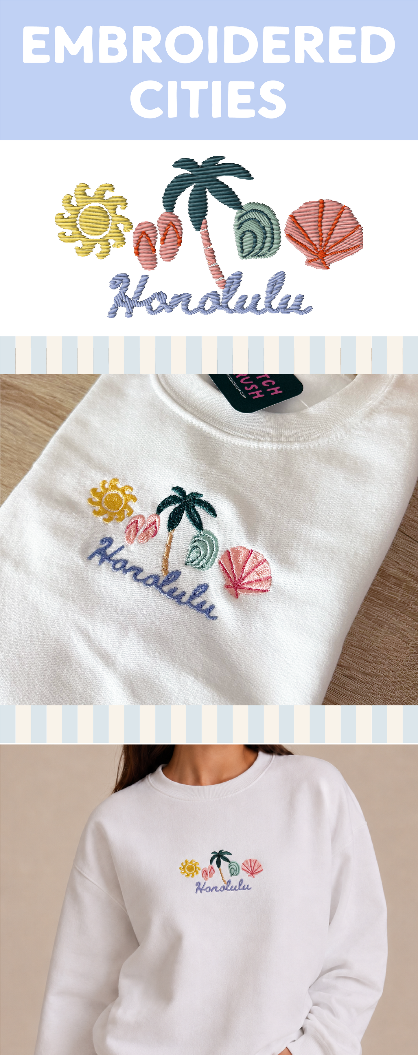 Honolulu Hawaii Cities Embroidered Crewneck Sweatshirt