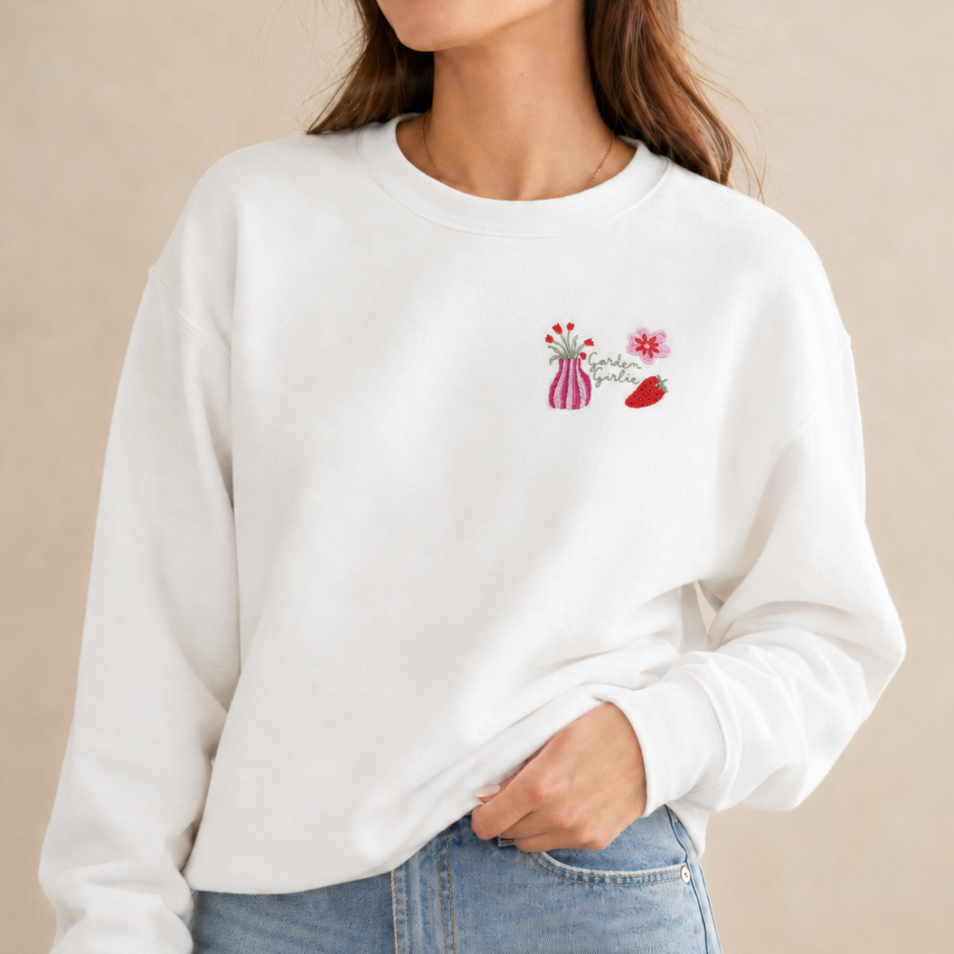 Garden Girlie Strawberry Embroidered Crewneck Sweatshirt