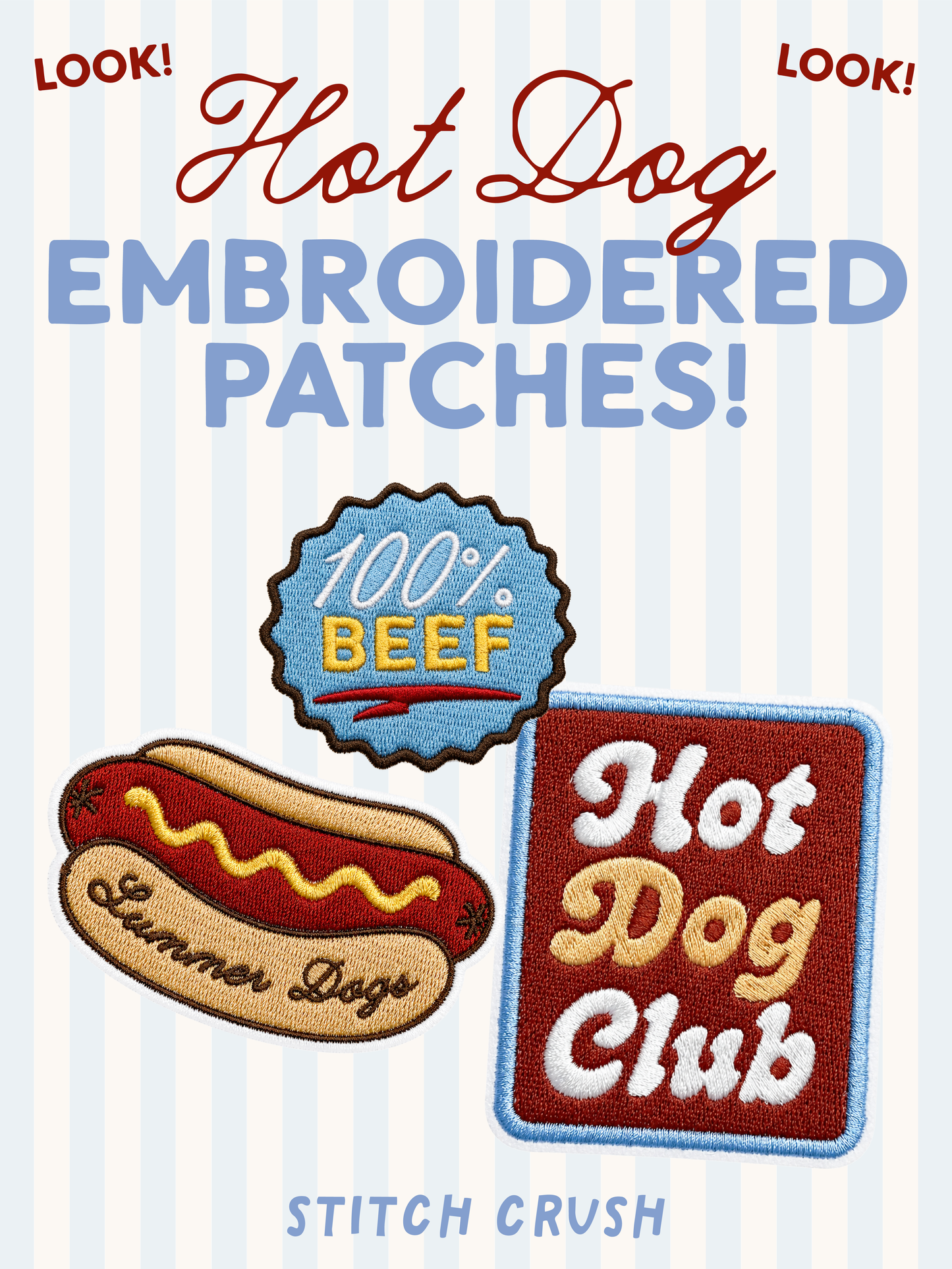 100% Beef Hot Dog Original Embroidered Iron-on Patch