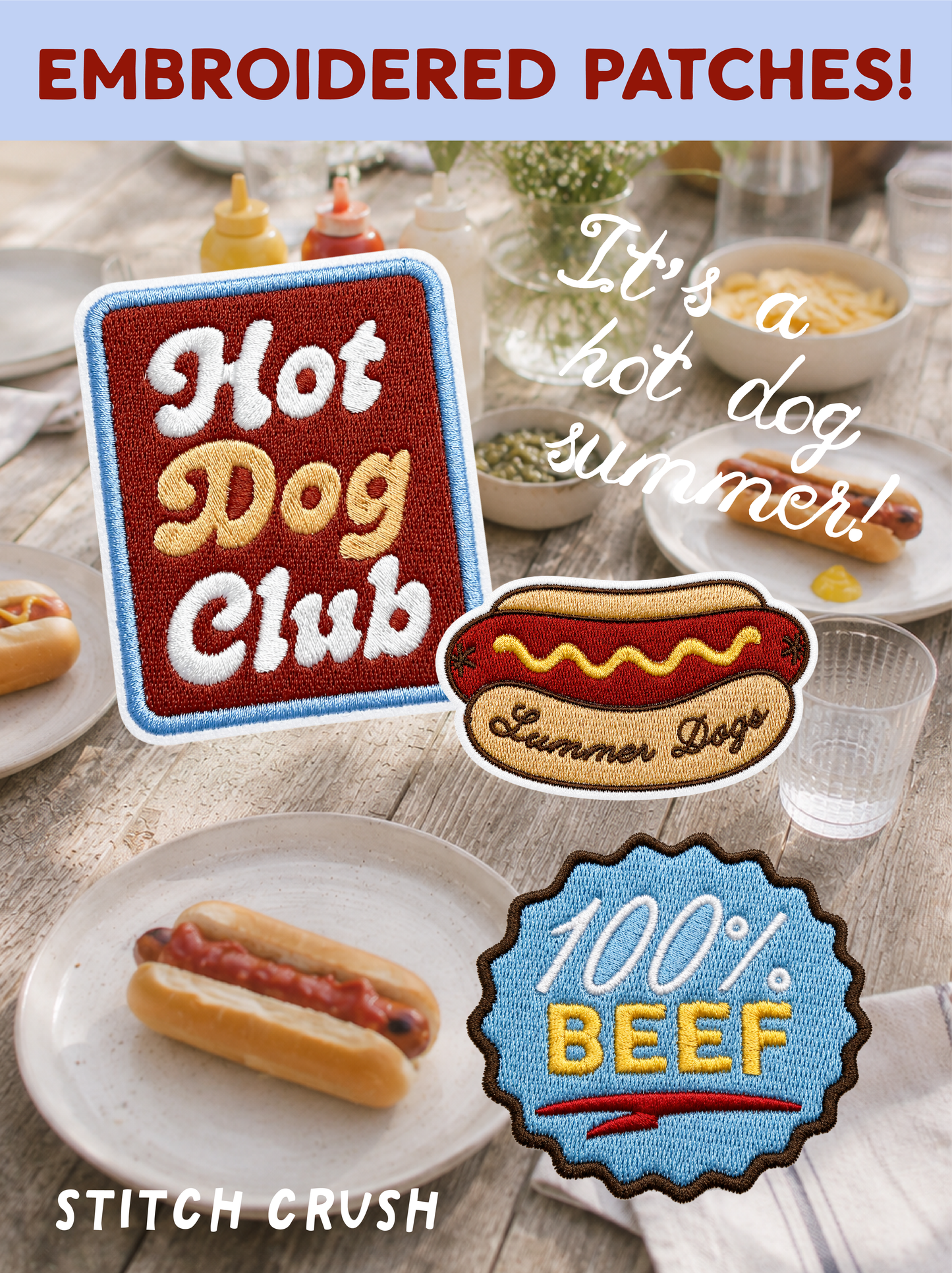 100% Beef Hot Dog Original Embroidered Iron-on Patch