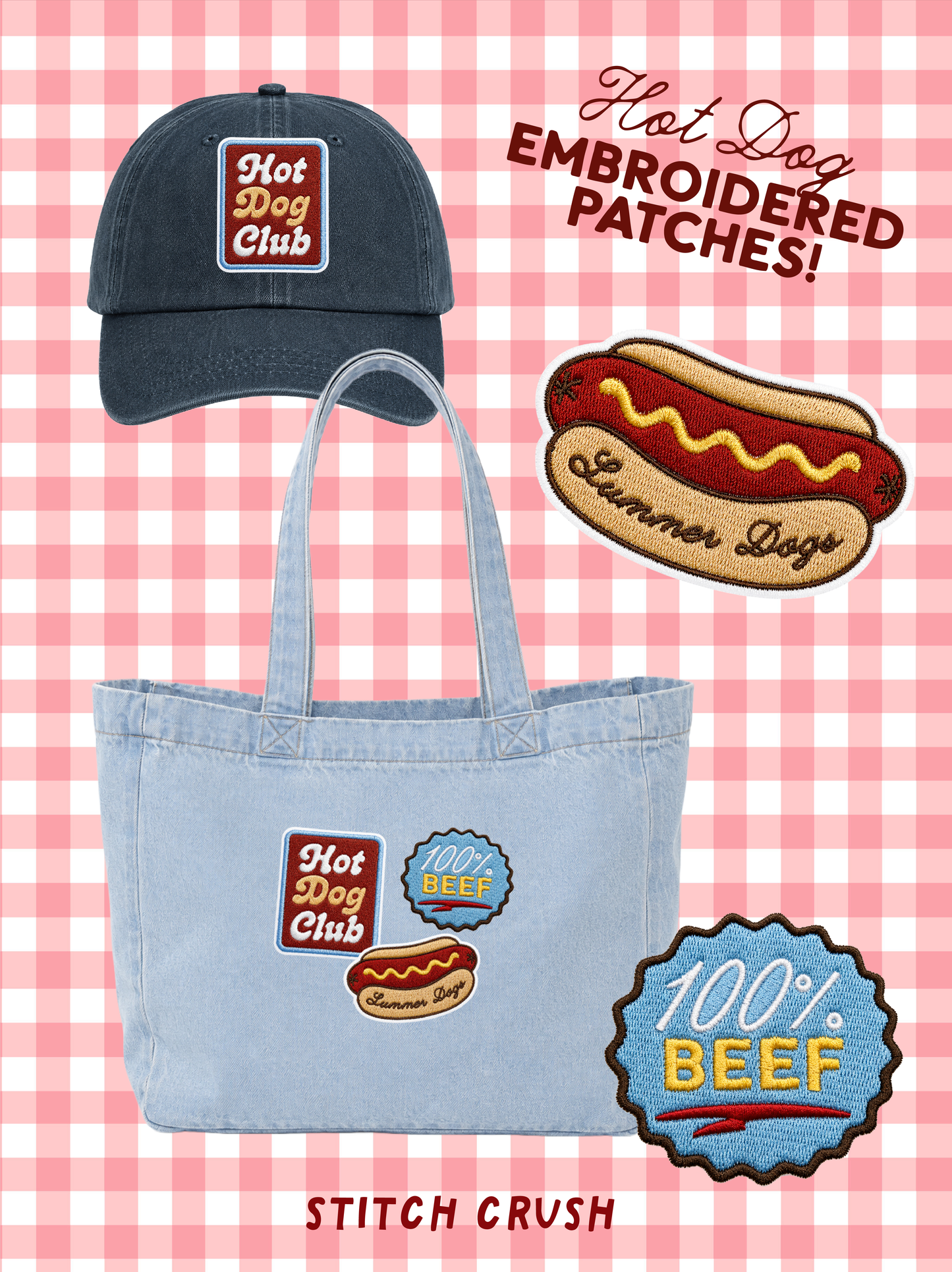 100% Beef Hot Dog Original Embroidered Iron-on Patch