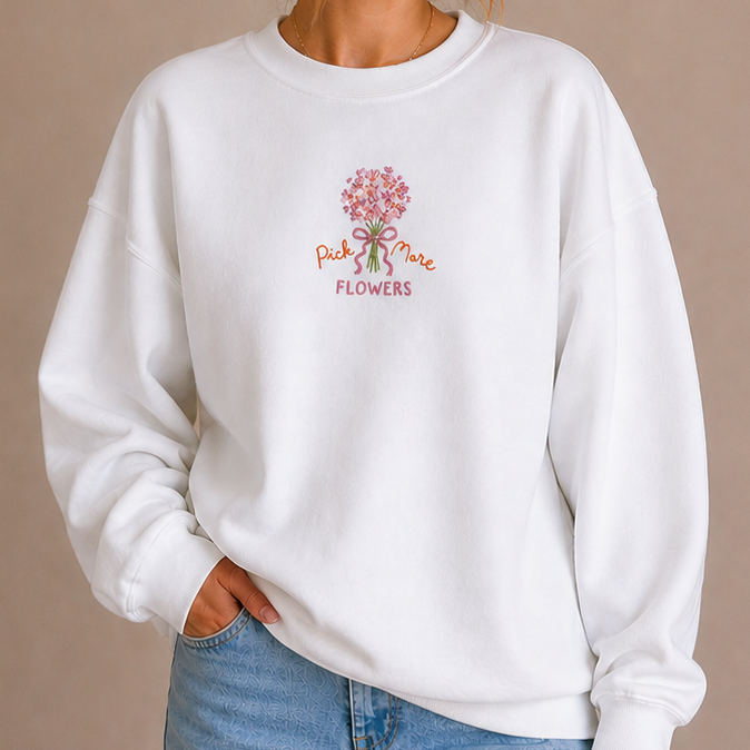 Pick More Flowers Embroidered Crewneck Sweatshirt