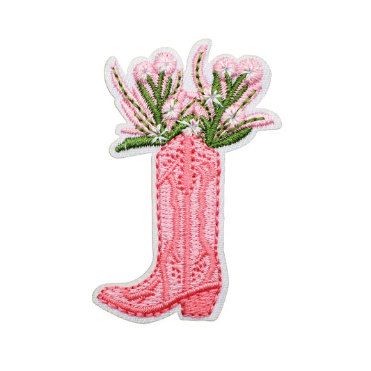 Floral Pink Cowgirl Boot Embroidered Iron-on Patch
