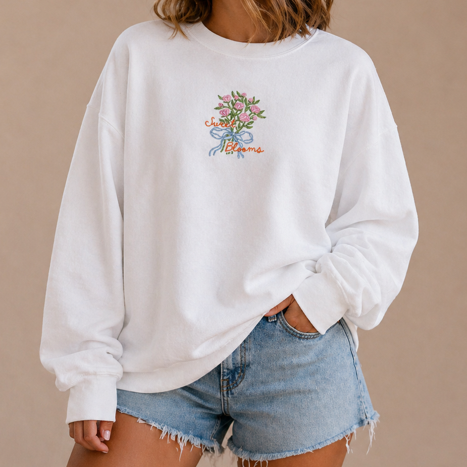 Sweet Blooms Floral Embroidered Crewneck Sweatshirt
