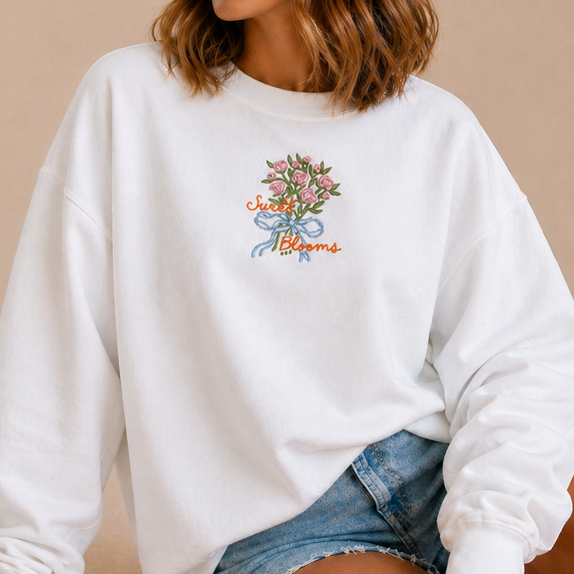 Sweet Blooms Floral Embroidered Crewneck Sweatshirt