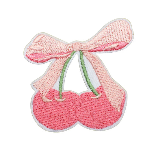 Soft Cherries with Bow Embroidered Iron-on Patch